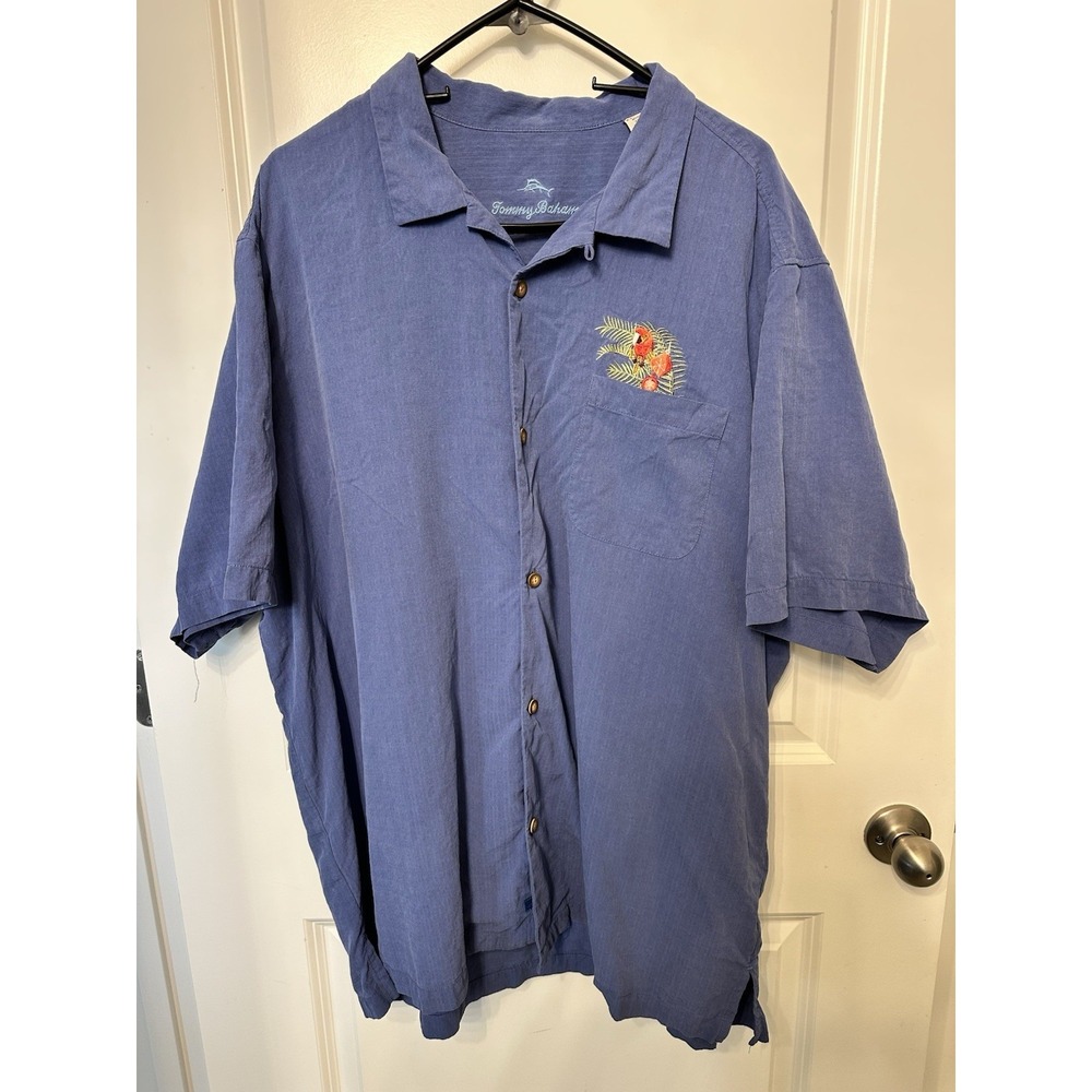 Tommy Bahama Shirt Mens XXL Button Up Oh Tan and Palm Tiki Girls Silk Blue